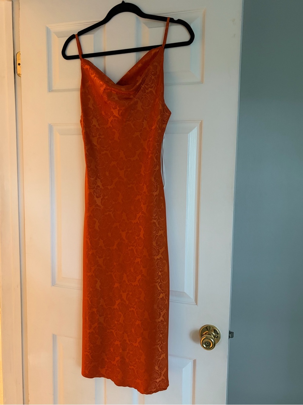 Lulu's Orange Slip Midi Dress with Cowl Neck